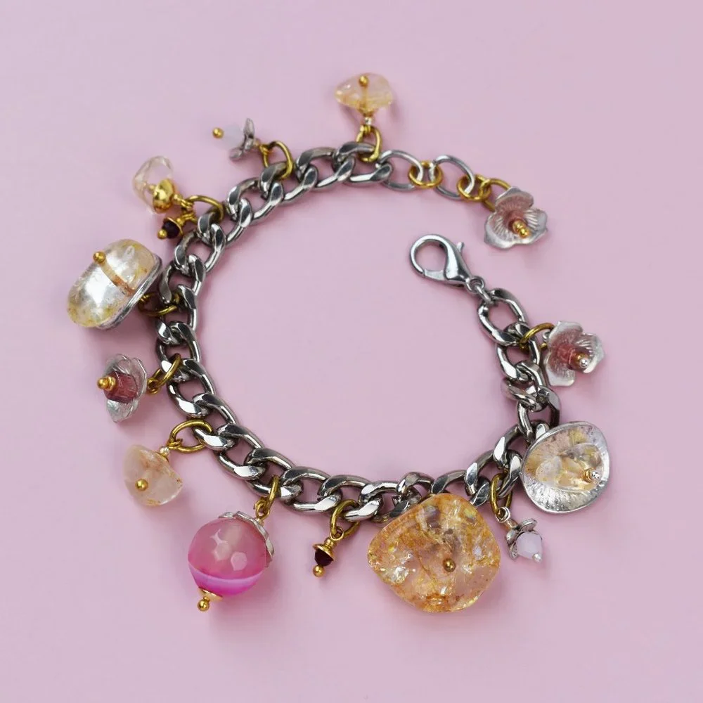 Chunky colorful charm silver chain bracelet, pink gemstone bead dangle bracelet